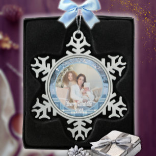 Blue Cozy Plaid Snowy Winter Photo Snowflake Pewter Christmas Ornament