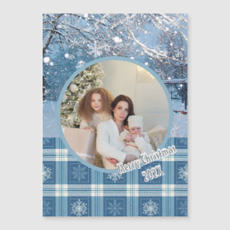 Blue Cozy Plaid Winter Christmas Magnetic Card