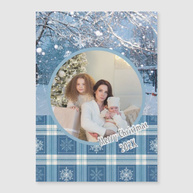 Blue Cozy Plaid Winter Christmas Magnetic Card (Front)