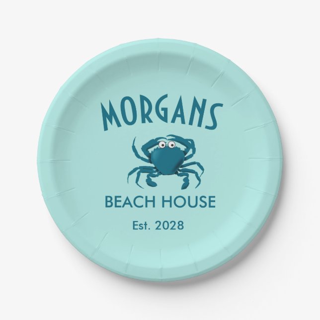 Blue Crab Beach House Personalized Paper Plates (Front)