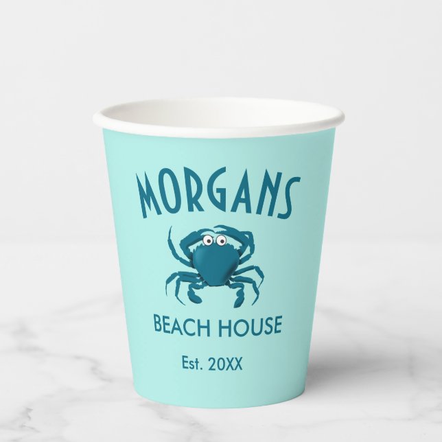 Blue Crab Beach House Personalized Paper Plates Cups (Front)