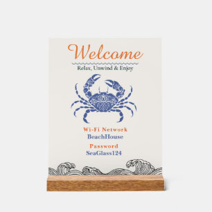 Blue Crab Beach House Wi-Fi Welcome Acrylic Sign