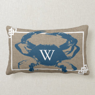 Blue Crab Burlap Monogram Lumbar Pillow