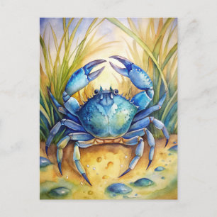 Blue Crab Coastal Beach Ocean Life Painting  Postcard