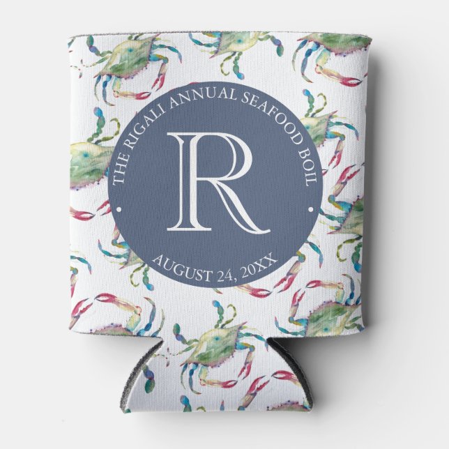 Blue Crab Coastal Nautical Can Cooler (Front)