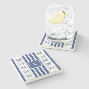 Blue Crab Coastal Nautical Monogram Stone Coaster