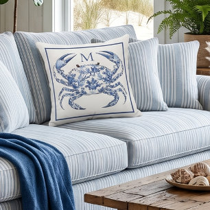 Blue Crab Coastal Nautical Monogram Throw Pillow