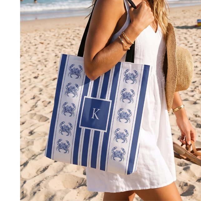 Blue Crab Coastal Nautical Monogram Tote Bag (Creator Uploaded)