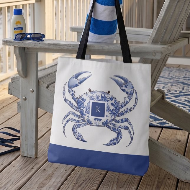 Blue Crab Coastal Nautical Monogram Tote Bag (Creator Uploaded)
