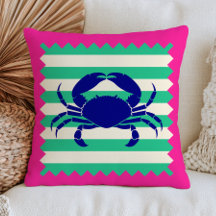 Blue Crab Design on Green Stripes Fuchsia Pink