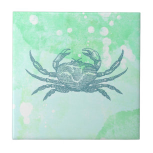 Blue Crab in Watercolor Green ceramic tile