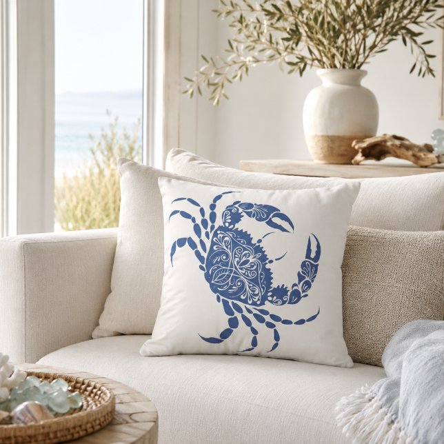 Blue Crab Mandala Coastal | Nautical  Throw Pillow (Creator Uploaded)