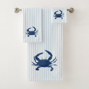 Blue Crab Nautical Blue Stripe Painting Bath Towel Set