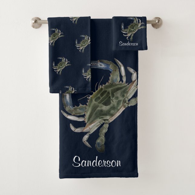 Blue Crab  Nautical Coastal Ocean Bath Towel Set (Insitu)