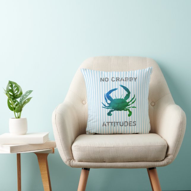 Blue Crab Nautical No Crabby Attitudes Throw Pillow (Chair)