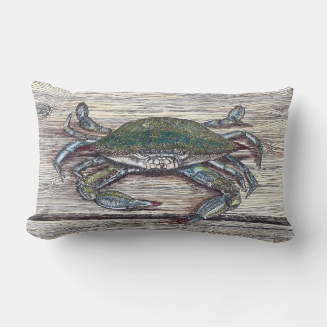 Blue Crab on Dock Lumbar Throw Pillow (Front)