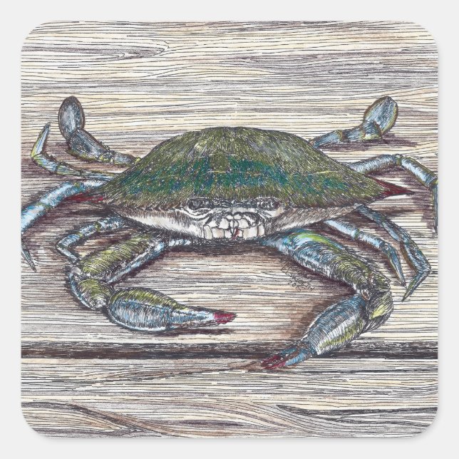 Blue Crab on Dock Square Stickers (Front)