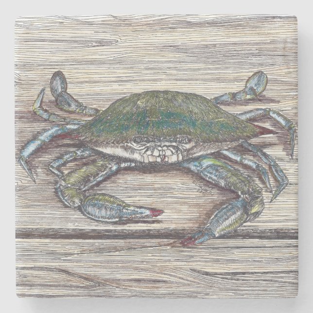 Blue Crab on Dock Stone Coaster (Front)