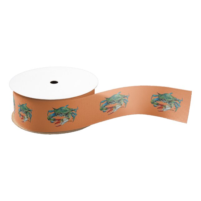 Blue Crab on Orange Ribbon Grosgrain Ribbon (Spool)