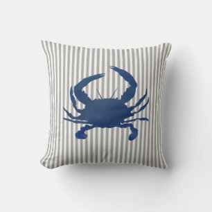 Blue Crab Painting Stripe Nautical Throw Pillow