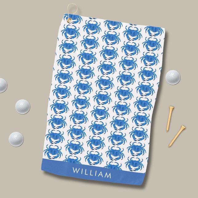 Blue Crab Pattern Golf Towel (Blue crab crustacean golf towel.  Personalize with your  own name, initials or choice of text.)