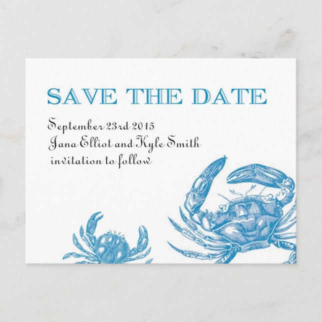 Blue Crab Save the Date Announcement Postcard (Front)