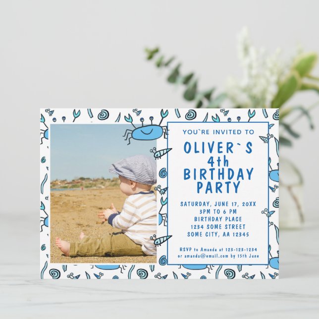 Blue Crab Sea Animals Shell Boy Photo Birthday Invitation (Standing Front)
