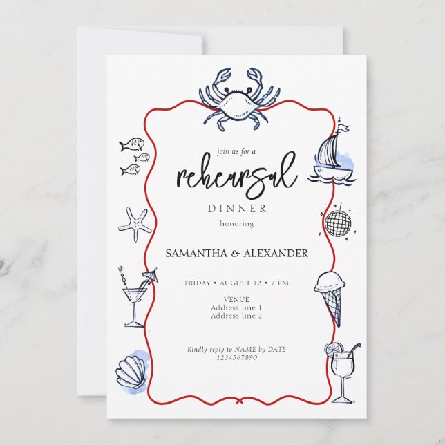 Blue Crab Seafood Doodles Beach Rehearsal Dinner Invitation (Front)