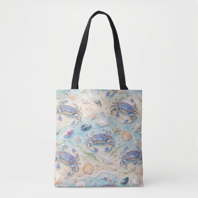 Blue Crab & Seashells Beach Tote Bag (Front)