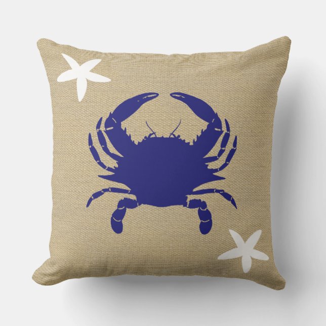 Blue Crab & White Starfish Beach Faux Burlap Outdoor Pillow (Front)