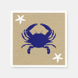 Blue Crab & White Starfish Nautical Beach "Burlap" Napkin