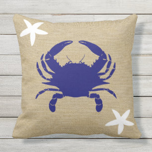 Blue Crab & White Starfish Nautical Beach "Burlap" Outdoor Pillow