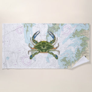 Blue Crab with Chesapeake Bay Nautical Chart Beach Towel
