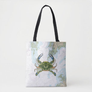 Blue Crab with Chesapeake Bay Nautical Chart Tote Bag