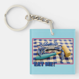 Blue Crab with mallet on gingham table cloth sayin Keychain
