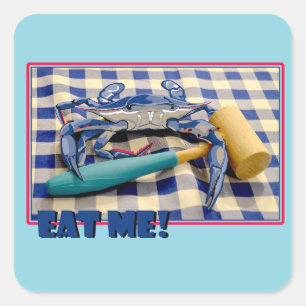 Blue Crab with mallet on gingham tablecloth Eat Me Square Sticker