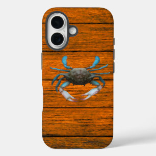 Blue Crab Wood Grain iPhone 16 Case