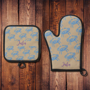 blue crabs- add name oven mitt & pot hol holder set