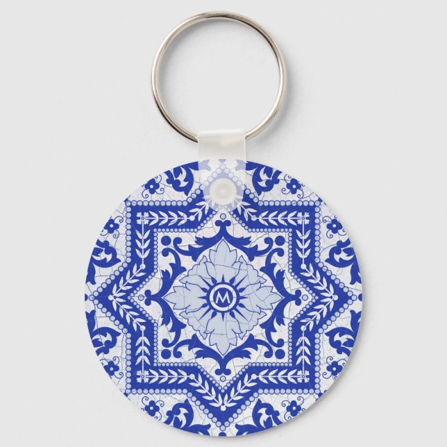Blue Cracked Ceramic Style Azulejo Vintage Keychain (Front)