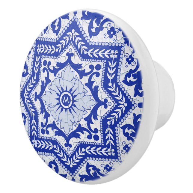 Blue Cracked Ceramic Style Azulejo Vintage Knob (Right)
