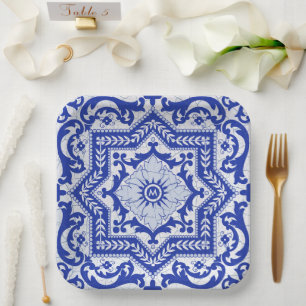 Blue Cracked Ceramic Style Azulejo Vintage Paper Plate
