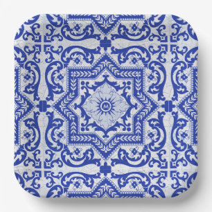Blue Cracked Ceramic Style Azulejo Vintage Paper Plate