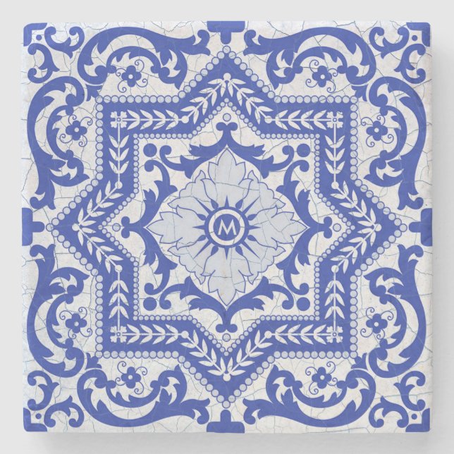 Blue Cracked Ceramic Style Azulejo Vintage Stone Coaster (Front)