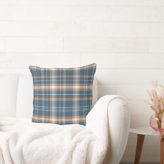 Blue, cream and orange plaid design throw pillow