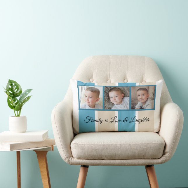 Blue cream and white photo collage family striped lumbar pillow (Chair)