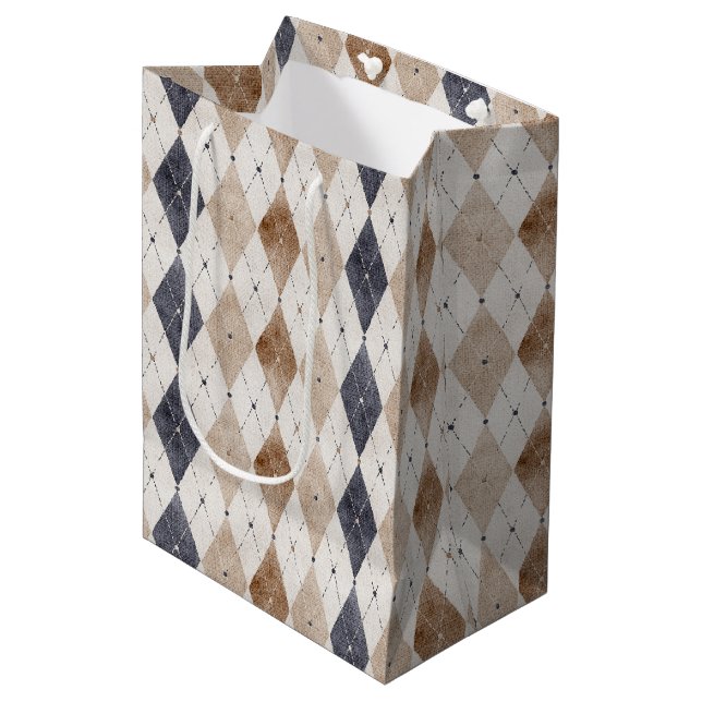 Blue Cream Argyle Father's Day Medium Gift Bag (Front Angled)