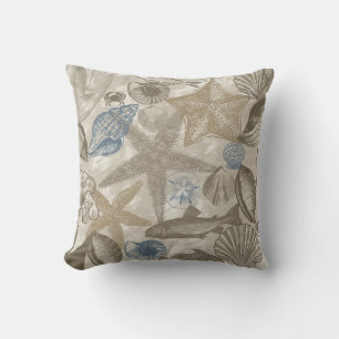 Blue Cream Beach Ocean Shells Throw Pillow