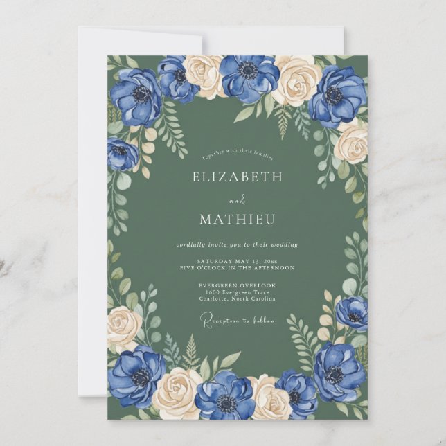 Blue Cream Botanical Flourish Wedding Invitation (Front)
