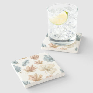 Blue Cream Brown Leaves Stone Coaster