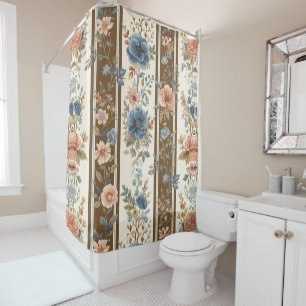  Blue Cream Brown Peach Farmhouse Stripe floral